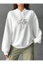 Women's White Three Star Printed Hooded Hoodie Sweatshirt - 3