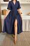 Women's Navy Blue Double-Breasted Collar Belted Balloon Sleeve Slit Muslin Maxi Dress - 4