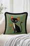 Black Cat Figured Floral Motif Fringed-Tasseled Throw Pillow Cover Modern Decorative Pillowcase - 2