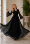 Women's Long Tulle Sleeves Double Breasted Collar Lycra Glitter Comfortable Cut Stylish Chiffon Black Long Evening Dress - 5