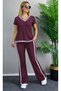 Women's Short Sleeve V-Neck Viscose Two Thread Blouse and Trousers Two-Piece Set