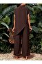 Women's Short Sleeve Turtleneck Asymmetrical Cut Detailed Aerobin Blouse and Trousers Two-Piece Set - 2