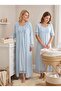New Season Blue Short-Sleeved Elegant Lace Detailed Design Buttoned 100% Cotton Maternity Pajama Nightgown Set - 7