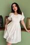 Women's White Scallop Detailed Balloon Sleeve Gathered Waist Mini A-Line Summer Dress - 2