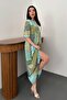 Women's Green Maxi Dress Patchwork Floral Pattern Gathered Waist Lace-Up Collar - 2