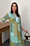 Women's Green Maxi Dress Patchwork Floral Pattern Gathered Waist Lace-Up Collar - 4