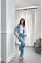 Women's Blue Denim Jacket with Knitwear Trim, Shirt Collar, Buttoned Pocket Detail, Long Sleeves - 4