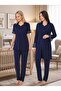 New Season Navy Blue Lace Detailed Buttoned Design Short Sleeve 100% Cotton Maternity Maternity Dressing Gown Pajama Set 3-Piece Set - 7