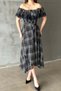 Women's Navy Blue Plaid Carmen Collar Lace Detailed Belted Midi A-Line Dress - 4