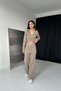 Women's Beige Bottom-Top Set Knitwear Set Double-Breasted V-Neck Tie Detailed Crop Blouse Trousers