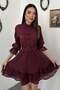 Women's Burgundy Mini Shirt Collar Buttoned Belted Lace Detailed Flared Dress - 2