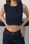 Women's Blue Denim Crop Blouse Round Neck Sleeveless Chain Detailed Zipper - 4