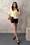 Women's Yellow Short Sleeve Buckle Belted Jacket Lapel Lined Woven Jacket - 3
