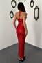 Women's Red Halter Neck Backless Sequined Slim Fit Maxi Evening Dress - 5