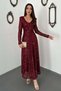 Women's Burgundy V-Neck Long Sleeve Backless Sequined Midi Dress - 2