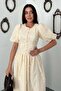 Women's Beige Embroidered Balloon Sleeve Gathered Lined Long Cotton Dress - 3
