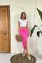 Women's Fuchsia Slit Midi Skirt with Ruffle Detail, High Waist, Straight Pencil Cut