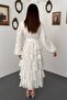 Women's White Long Dress with Stand Collar, Buttoned Belt, Flounces and Floral Texture - 5