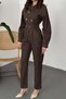 Women's Brown Denim Jumpsuit Shirt Collar Belted Buttoned Long Sleeve Straight Leg - 4
