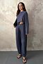 Women's Navy Blue Blouse Trousers Set Asymmetrical Crop Top Elastic Waist Wide Leg Long Sleeve - 2