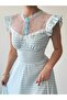 Women's Blue Midi Dress with Plaid Pattern, Lace Collar, Ruffle Sleeves and Flounces - 3