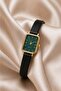 Lunessa Aura Women's Green Dial Gold Case Black Leather Band Rectangular Minimal Vintage Wristwatch - 3