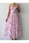 Women's Pink Floral Patterned Halter Neck Gathered Waist Midi Dress - 2