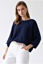 7044 Women's Seasonal Thin Boat Neck Bat Sleeve Knit Sweater Navy Blue - 4