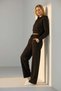 Women's Black Two-Thread Relaxed Fit Hooded Zipper Crop Wide-Leg Sweatpants Set - 7940 - 3