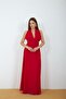 Women's Red Slit Halter Neck Backless Tie Detailed Maxi Dress Nbmy4133