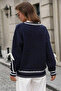 Women's Navy Blue Diamond Patterned V-Neck Knitwear Sweater with Lace Sleeves - 4