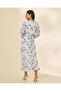 Women Blue Printed Belted Long Sleeve Dress - 3