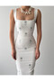 Women's White Midi Dress with Square Collar, Stone Detail, Straps and Fitted Fit - 7