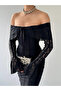 Women's Black Off Shoulder Lace Embroidered Long Sleeve Midi Dress - 6