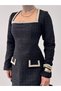 Women's Black Mini Dress Square Collar Pearl Detailed Long Sleeve Chanel Textured Pocket Cover - 7