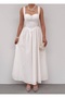 Women's White Dress with Scallop Texture, Straps, Heart Collar, Gathered Long Dress - 3