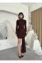 Women's Coffee Mini Dress Draped Gathered Long Sleeve High Collar Bodycon - 8