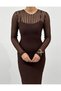 Women's Coffee Color Long Sleeve Crew Neck Striped Tulle Detailed Midi Dress - 7