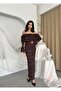 Women's Coffee Strapless Long Sleeve Flounced Lace Midi Bodycon Dress - 3