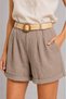 Italian Raw Linen Look Straw Belted Elastic Waist Pocketed Above Knee Women's Shorts