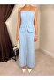 Women's Blue Top and Bottom Set Strapless Button Detailed Pocketed Vest Wide Leg Pants Set - 4