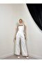 Women's White Blouse Pants Set Strapless Halter Neck Asymmetrical Wide Leg