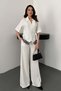 Women's White Top and Bottom Set with Striped Lace Detail, Double-Breasted Tie-Up Wide-Leg Blouse and Trousers Set - 2