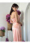 Women's Pink Midi Dress with Straps, Degaje Collar, Floral Applique, Satin - 6