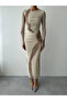 Women's Beige Patterned Tulle Detailed Gathered Long Sleeve Midi Pencil Dress - 2