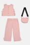 Kids Girl 3 Pcs Textured Top And Pants With Cross Body Bag Set, Pink - 3