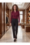 Women's Burgundy Double-Breasted V-Neck Blouse with Shoulder Padding and Drawstring Detail in Sandy Fabric - 8