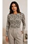 Women's Ecru Zebra Patterned Crew Neck Basic Long Sleeve Soft Stretch Fabric Blouse