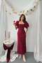Women's Burgundy Dress Midi Square Neck Balloon Sleeves Beaded Embroidery Pencil Cut