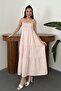 Women's Pink Thin Strap Gipeli Striped Layered Maxi Muslin Summer Dress